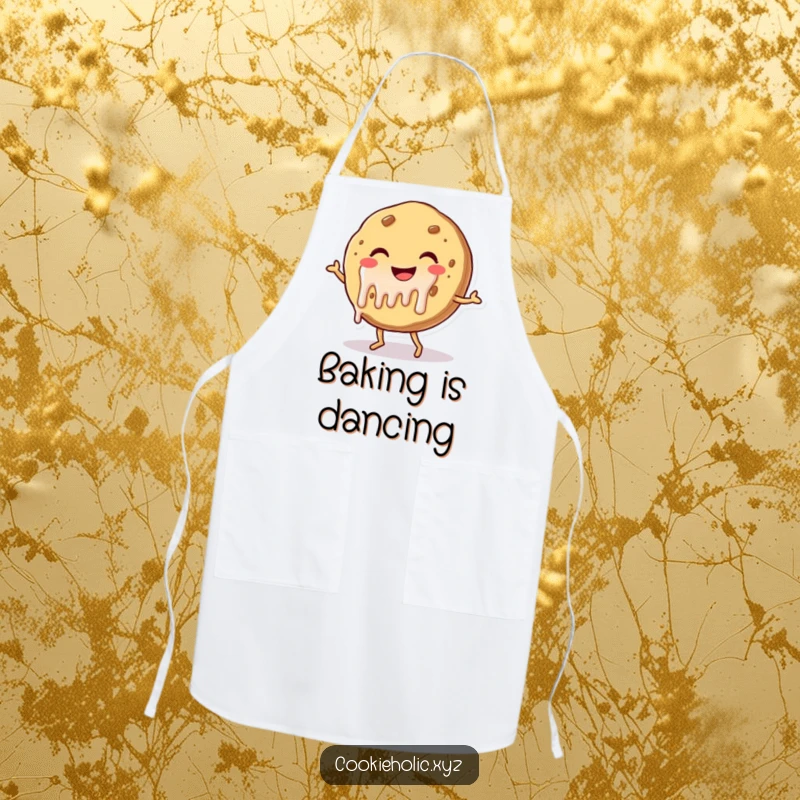 Funny kitchen apron showing a smiling cookie with dripping frosting, cheerfully dancing, ideal for a fun and sweet cooking experience.