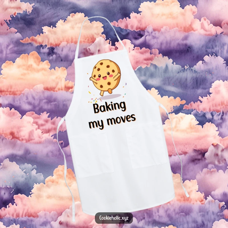 Funny apron showing a cookie character in a cartwheel motion, scattering joyful sprinkles, ideal for kitchen fun.