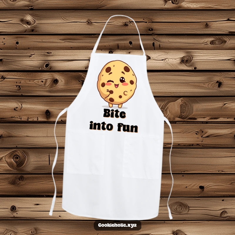 Funny bitten cookie apron featuring a cookie character with a bite missing, accompanied by a playful, cheeky wink.
