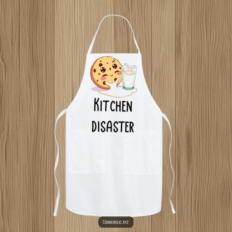 Funny kitchen apron showing a cookie with googly eyes playfully winking at a spilled glass of milk, ideal for a fun and cheeky cooking experience.