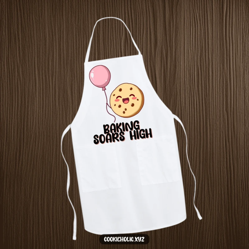 Funny baker's apron depicting a happy cookie character floating upwards, attached to a whimsical balloon made of frosting.