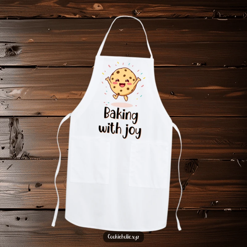 Funny baker's apron featuring a happy cookie character leaping joyfully, accented with a whimsical sprinkle pattern.