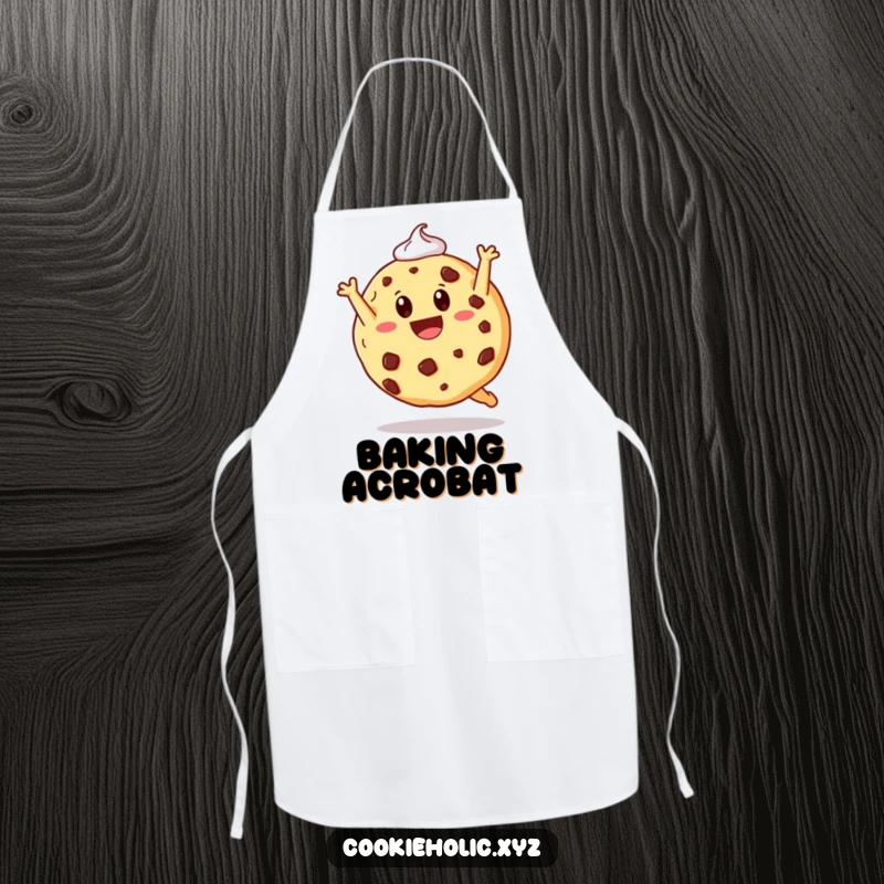 Funny apron showing a cookie doing a joyful somersault with frosting trailing, perfect for bakers and adding kitchen humor.