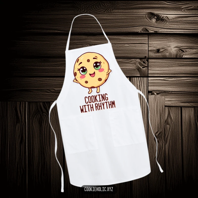Funny dancing cookie apron featuring a cookie character with candy eyes and a swirl mouth, dancing while cooking.