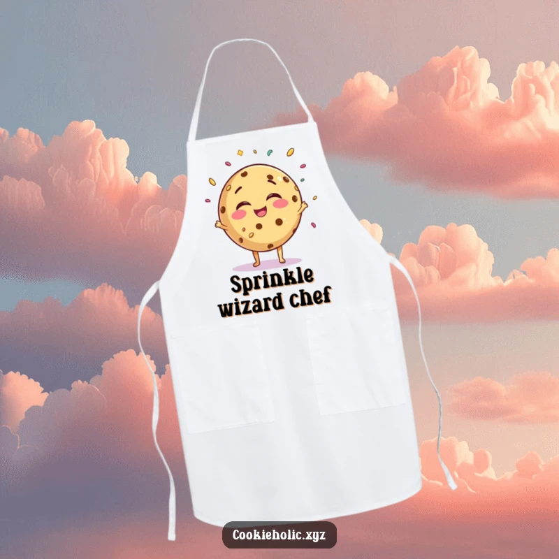 Funny giggling cookie apron, round cookie character juggling sprinkles with joy, perfect for kitchen activities.