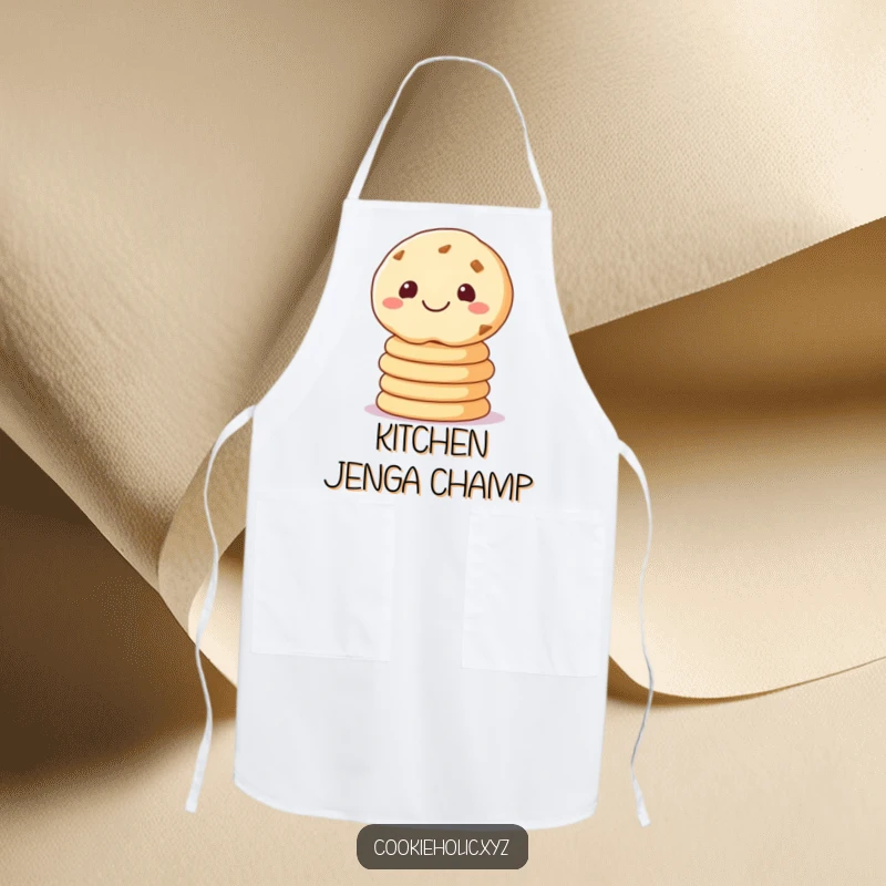 Funny apron showing a sugar cookie balancing cookies, perfect for bakers and adding kitchen humor.