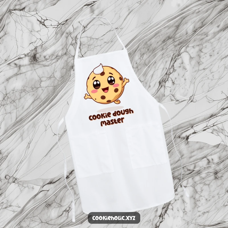 Funny whimsical cookie apron, cookie character leaping with icing eyes and a smiling mouth, perfect for baking.