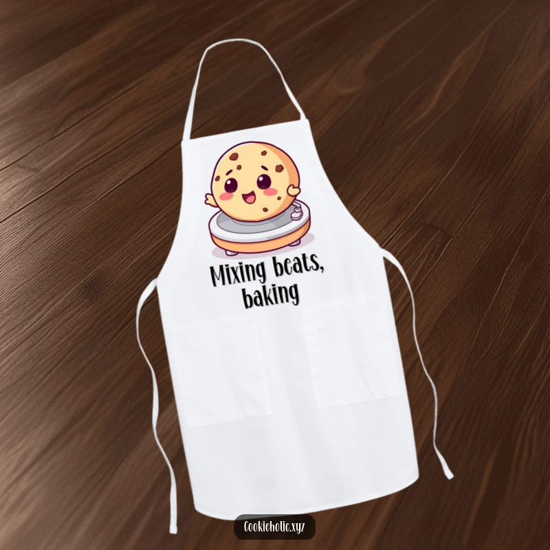 Funny apron illustrating a cookie character energetically spinning on a turntable, ideal for cooking and music lovers.