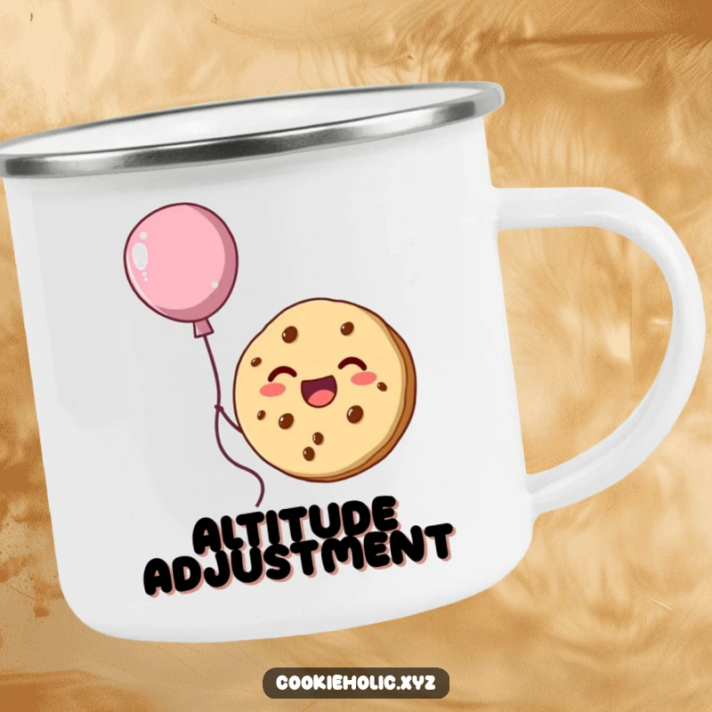 Funny camping mug with a happy cookie character floating skyward, attached to a unique balloon crafted from frosting.