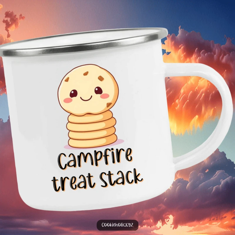 Funny camping mug showcasing a sugar cookie balancing cookies, durable and humorous for outdoor enjoyment.