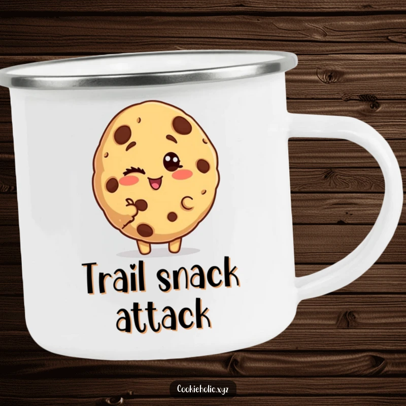 Funny bitten cookie camping mug featuring a cookie character with a bite missing, giving a playful wink.