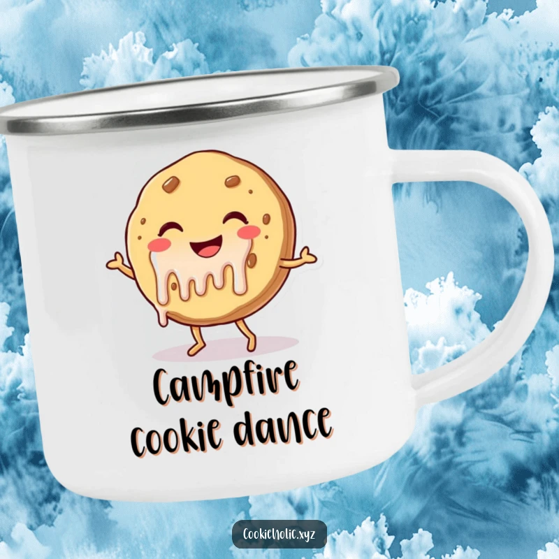 Funny enamel camping mug with a smiling cookie character with dripping frosting, dancing joyfully, ideal for enjoying beverages during outdoor activities.