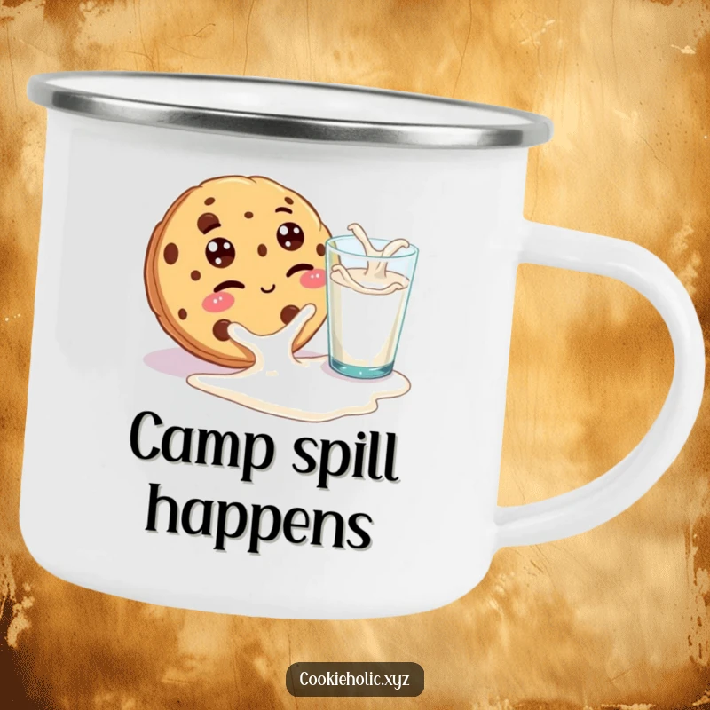 Funny enamel camping mug with a cookie with googly eyes winking playfully at a spilled glass of milk, ideal for outdoor beverage enjoyment.