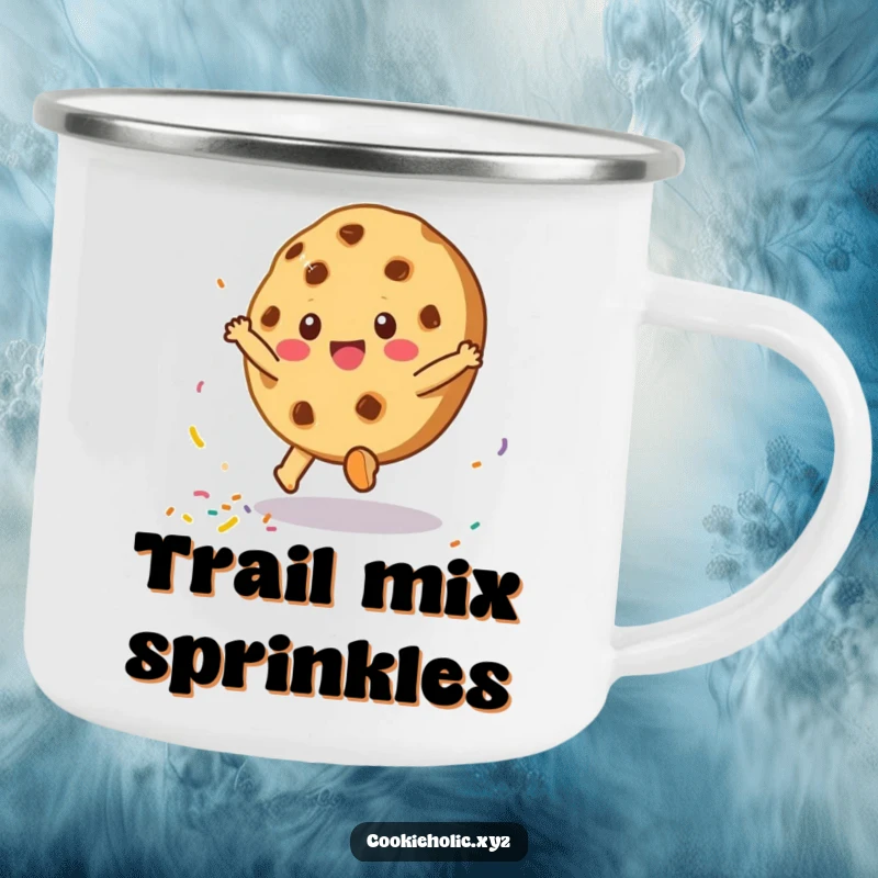 Funny camping mug featuring a cartwheeling cookie character scattering sprinkles, perfect for outdoor enthusiasts.