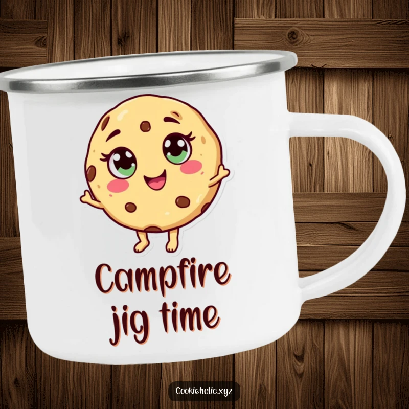 Funny dancing cookie camping mug featuring a cookie character with candy eyes and a swirl mouth, dancing outdoors.