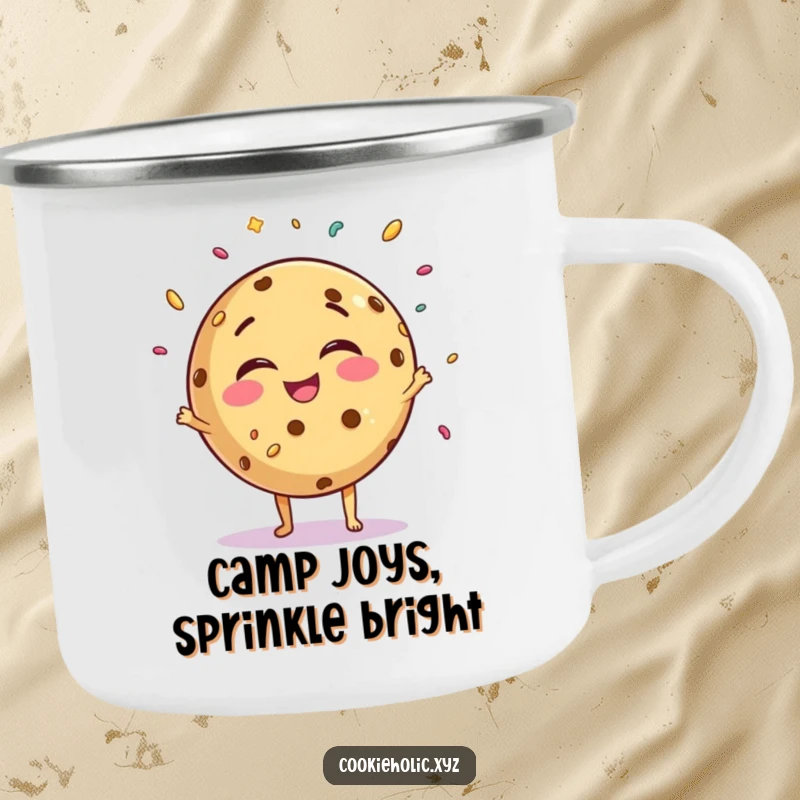 Funny giggling cookie enamel camping mug, durable and portable, featuring a cookie character juggling sprinkles with joy.