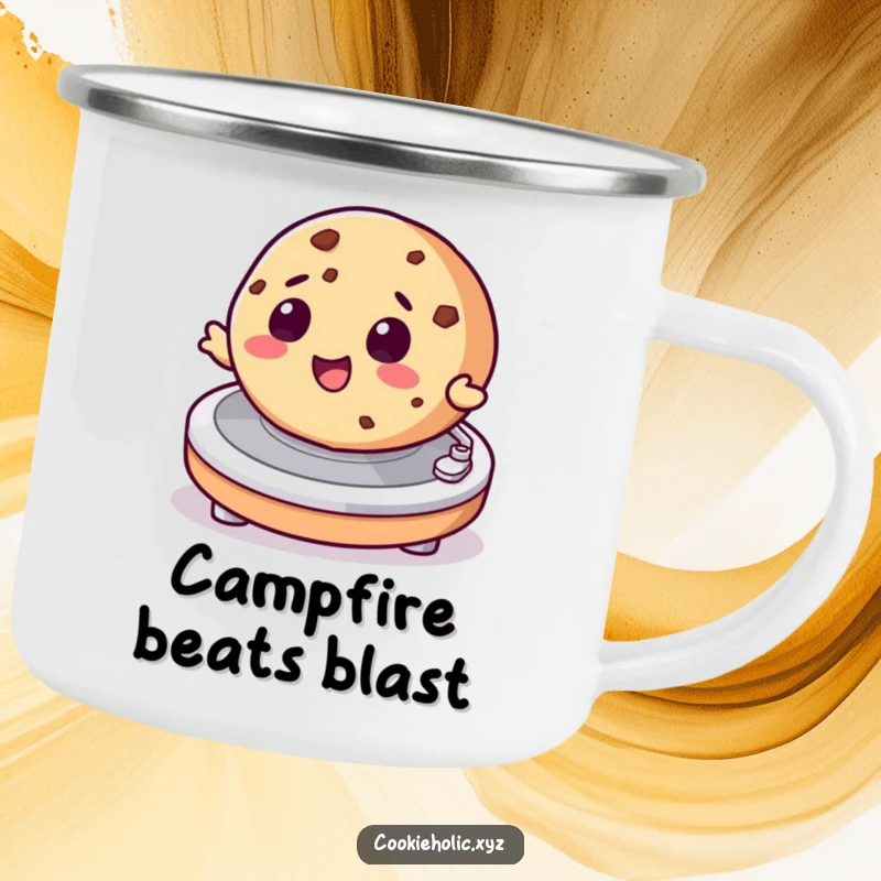 Funny camping mug with a cookie character spinning on a turntable, perfect for outdoor music lovers.