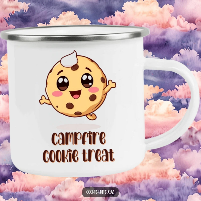 Funny whimsical cookie enamel camping mug, durable and portable, featuring a cookie character leaping, sweet and fun.
