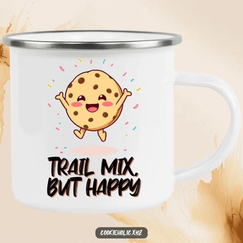 Funny camping mug featuring a happy cookie character leaping joyfully, surrounded by a playful burst of colorful sprinkles.
