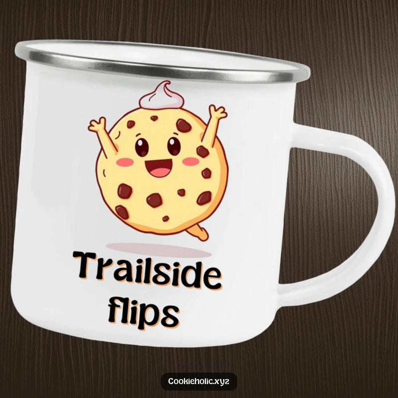 Funny camping mug showcasing a cookie doing a somersault, durable and humorous for outdoor enjoyment.