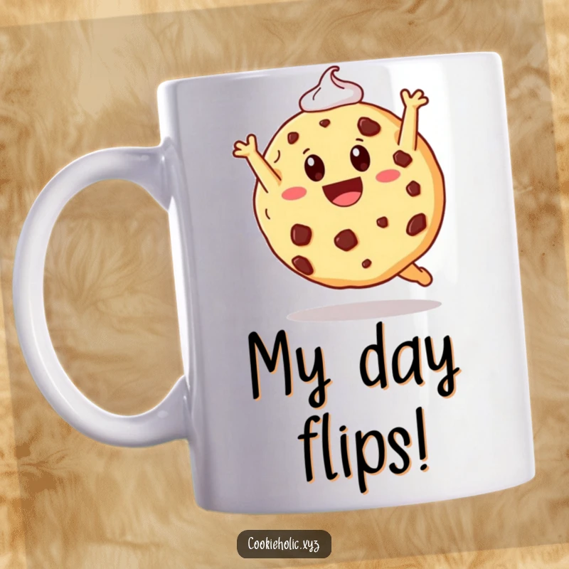 Funny mug featuring a cheerful cookie with chocolate chip eyes doing a joyful somersault, frosting trailing behind.