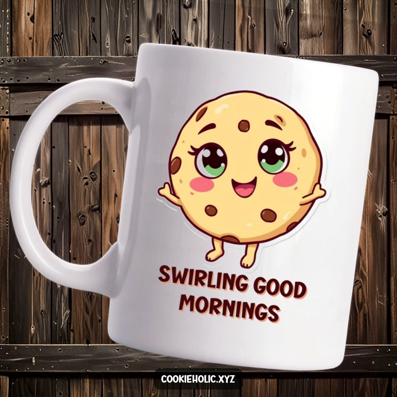 Funny dancing cookie mug featuring a cookie character with candy eyes and a swirl mouth, dancing with pure joy.