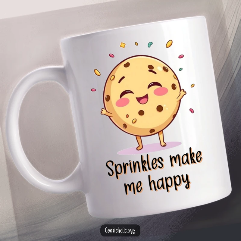 Funny giggling cookie mug, round character juggling sprinkles with joy, happy and playful design.
