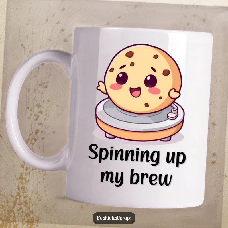 Funny mug featuring a cookie character delightedly spinning on a DJ turntable, showcasing a love for music and treats.