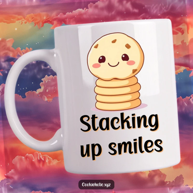 Funny mug showcasing a grinning sugar cookie expertly balancing three smaller cookies, a sweet and humorous design.