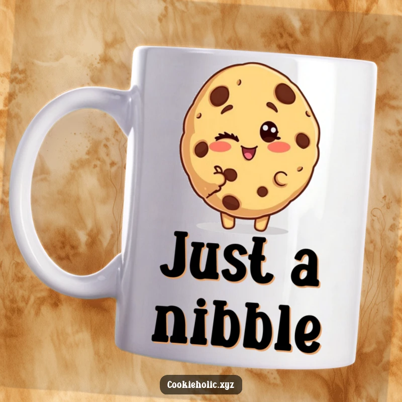 Funny bitten cookie mug featuring a cookie character with a bite taken out, winking playfully and mischievously.