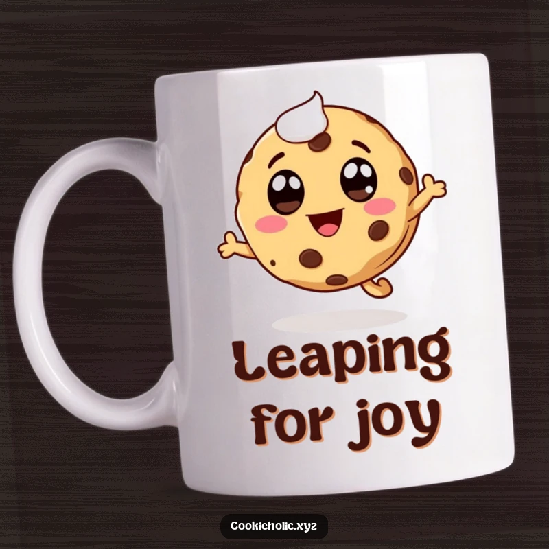 Funny whimsical cookie mug, icing eyes, smiling mouth, leaping with joy, energetic and sweet.