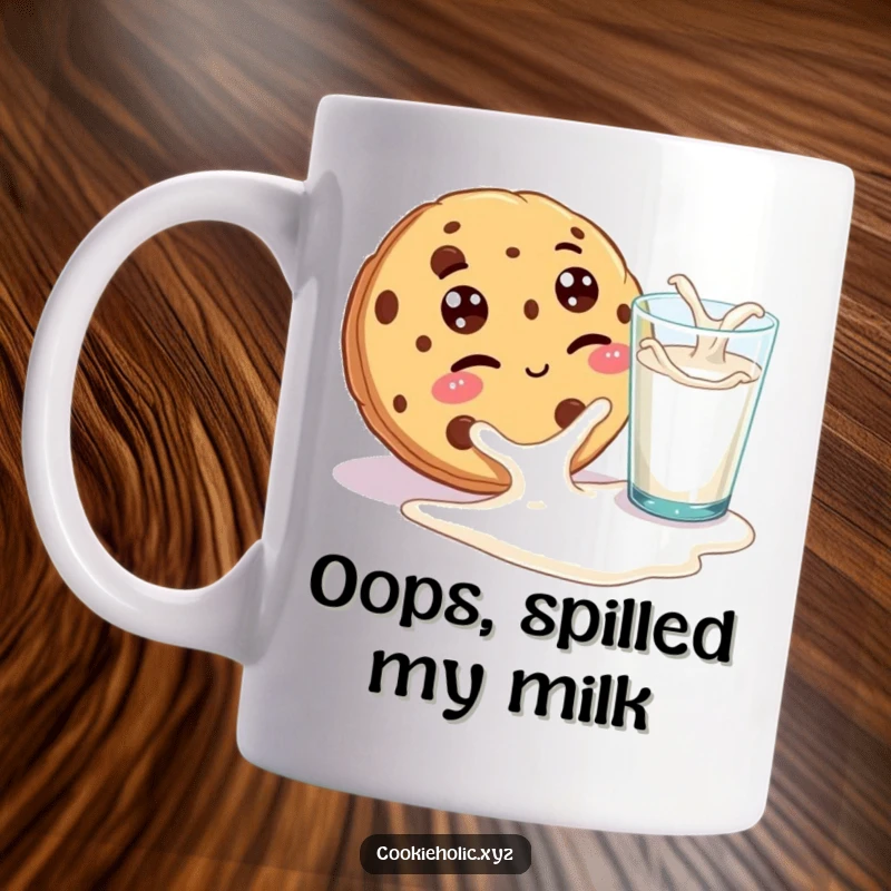 Funny cookie mug showing a cookie with googly eyes playfully winking at a spilled glass of milk, embodying cheeky mischief.