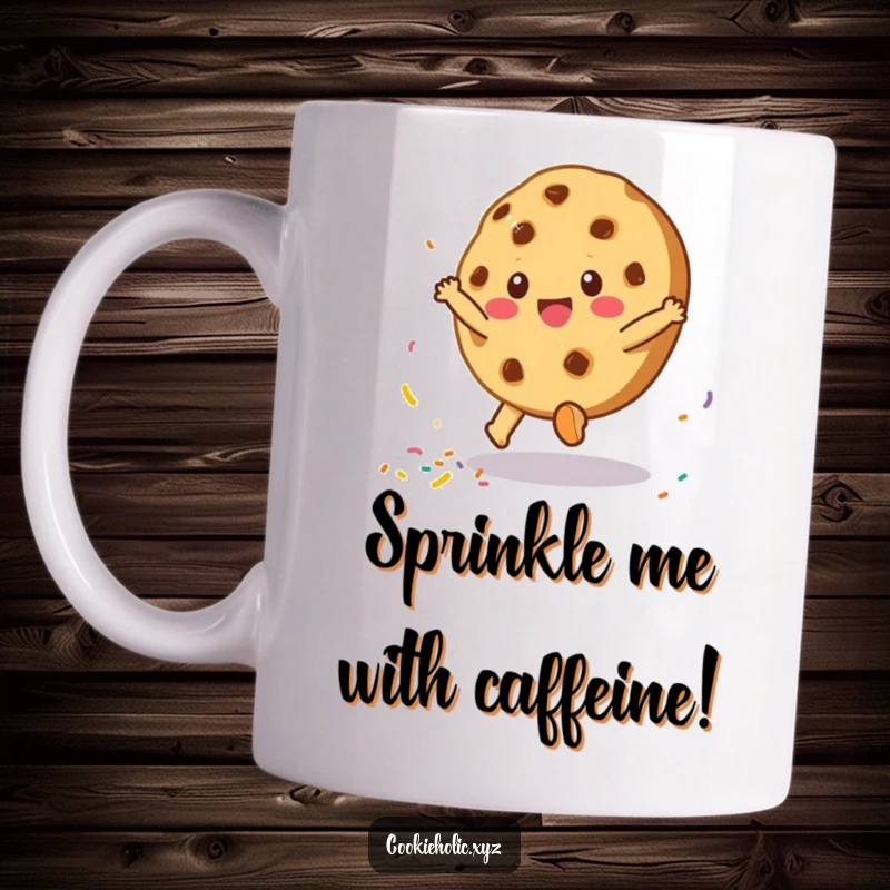 Funny mug featuring a cheerful cookie character mid-cartwheel, scattering colorful sprinkles with pure joy and energy.