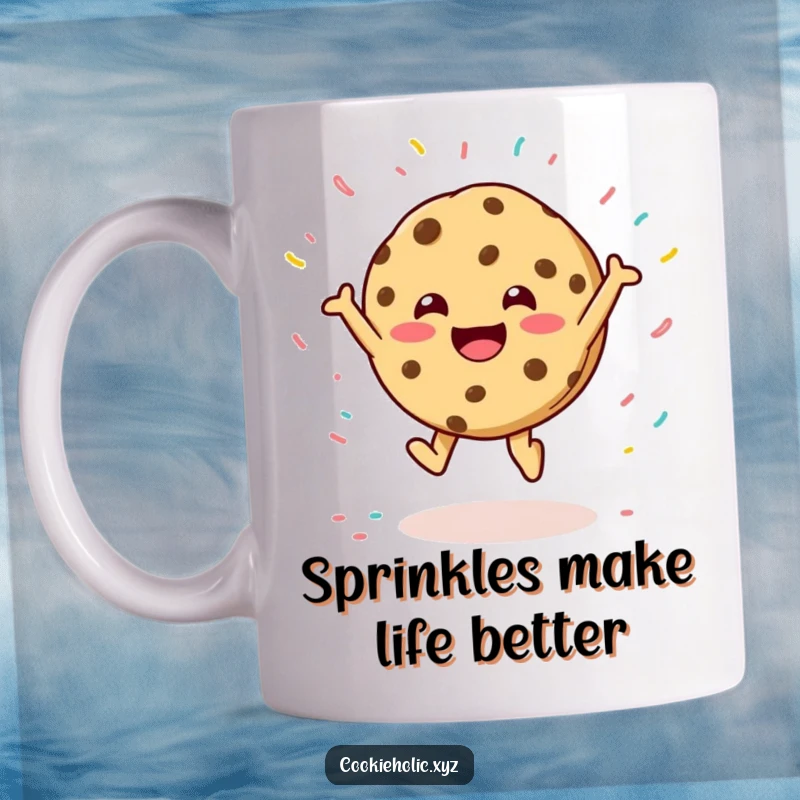 Funny mug featuring a cheerful cookie character leaping joyfully amidst a delightful shower of colorful falling sprinkles.