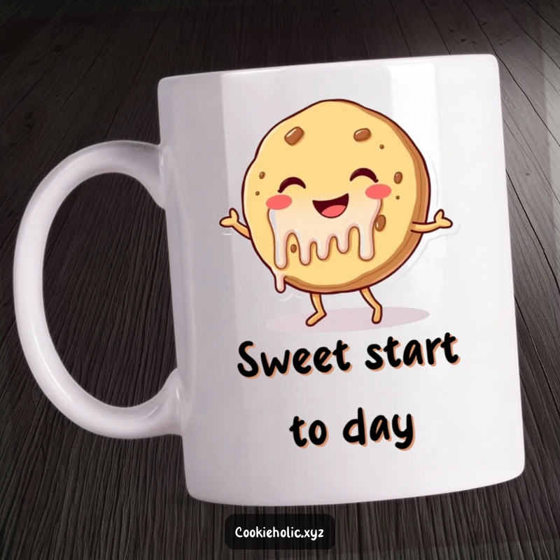 Funny cookie mug showing a smiling cookie character with frosting dripping, joyfully dancing with a cheerful, carefree expression.