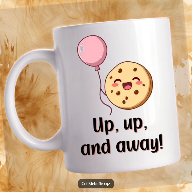 Funny mug with a delighted cookie character floating upwards, tethered to a whimsical balloon sculpted from frosting.