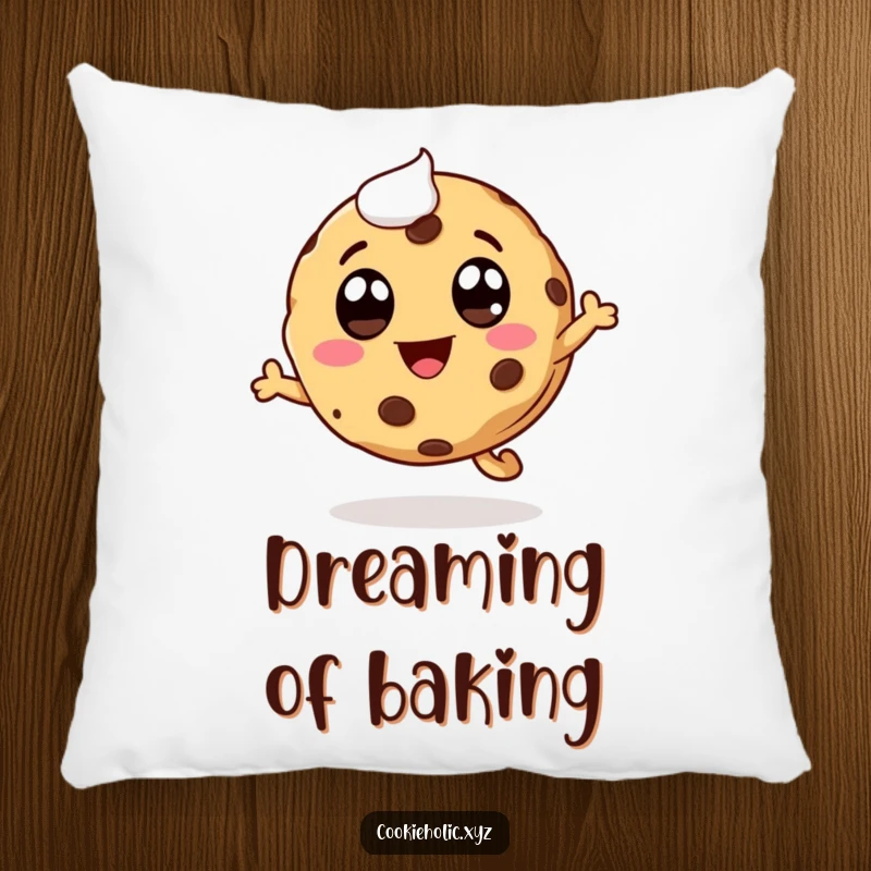 Funny whimsical cookie pillow, plush cushion featuring a cookie character leaping, with icing eyes and a smiling mouth.