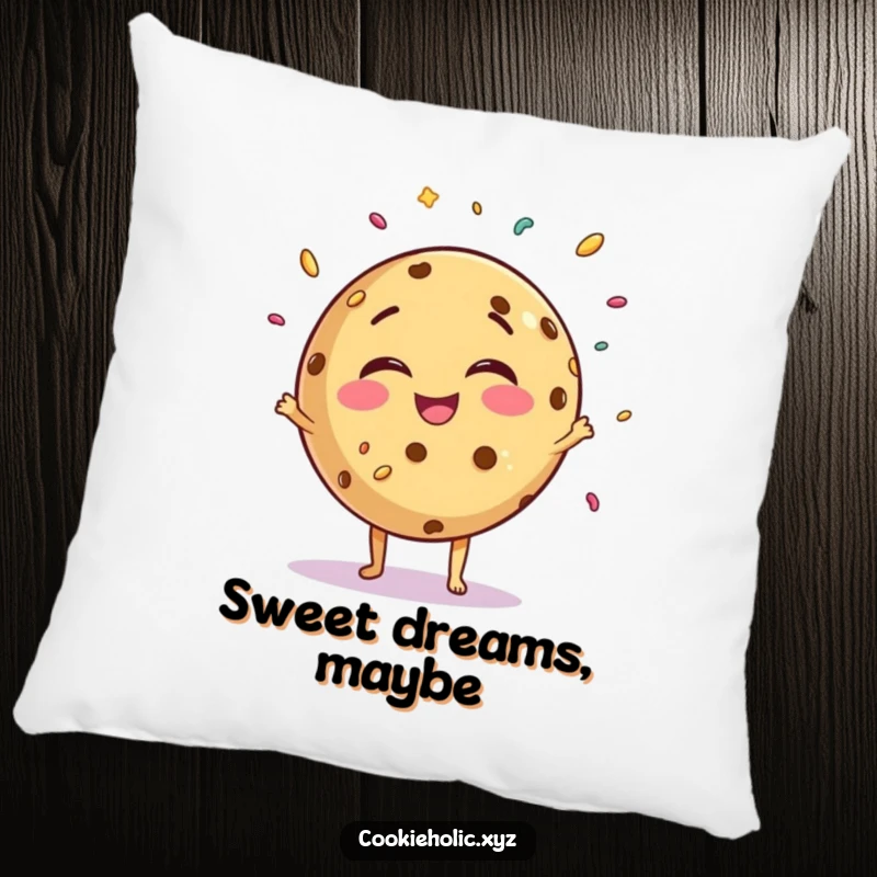 Funny giggling cookie pillow, plush cushion featuring a round cookie character juggling sprinkles with joy, soft and huggable.