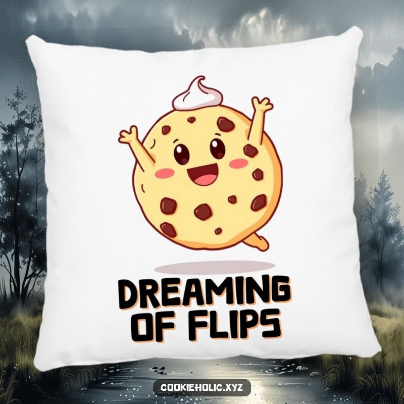 Funny pillow featuring a cookie mid-somersault with frosting trailing, providing comfort and a touch of sweet humor.