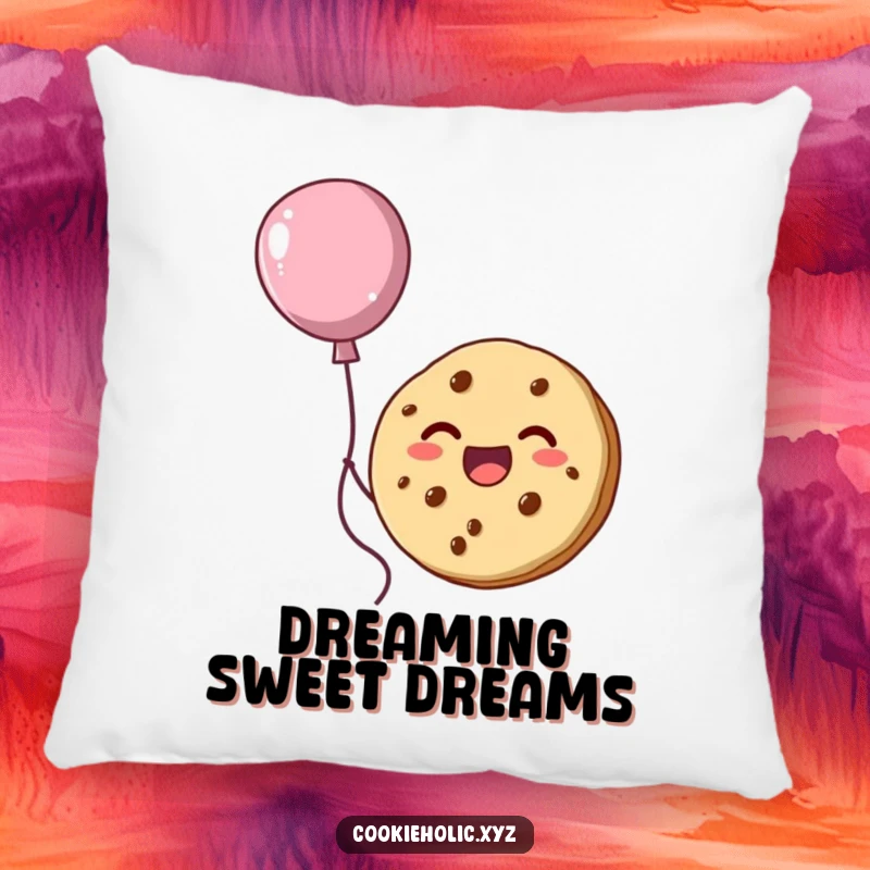 Funny pillow featuring a happy cookie character floating upwards, tethered to a charming balloon crafted from frosting.