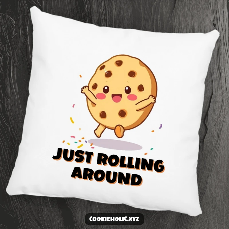 Funny pillow featuring a delighted cookie character doing a cartwheel and scattering sprinkles, perfect for adding humor to decor.