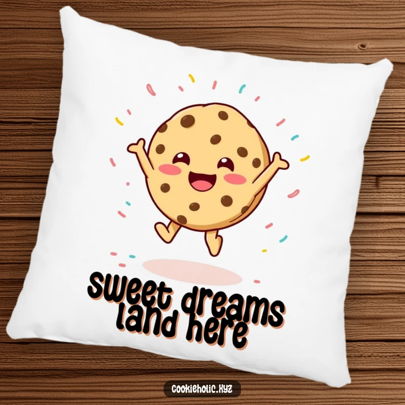 Funny decorative pillow featuring a happy cookie character joyfully leaping, surrounded by an playful explosion of sprinkles.