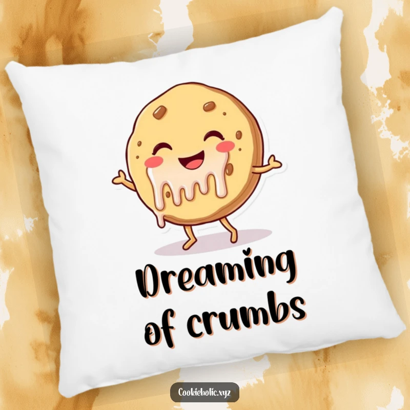 Funny pillow design of a smiling cookie character with frosting dripping, dancing joyfully, offering a sweet and humorous accent.