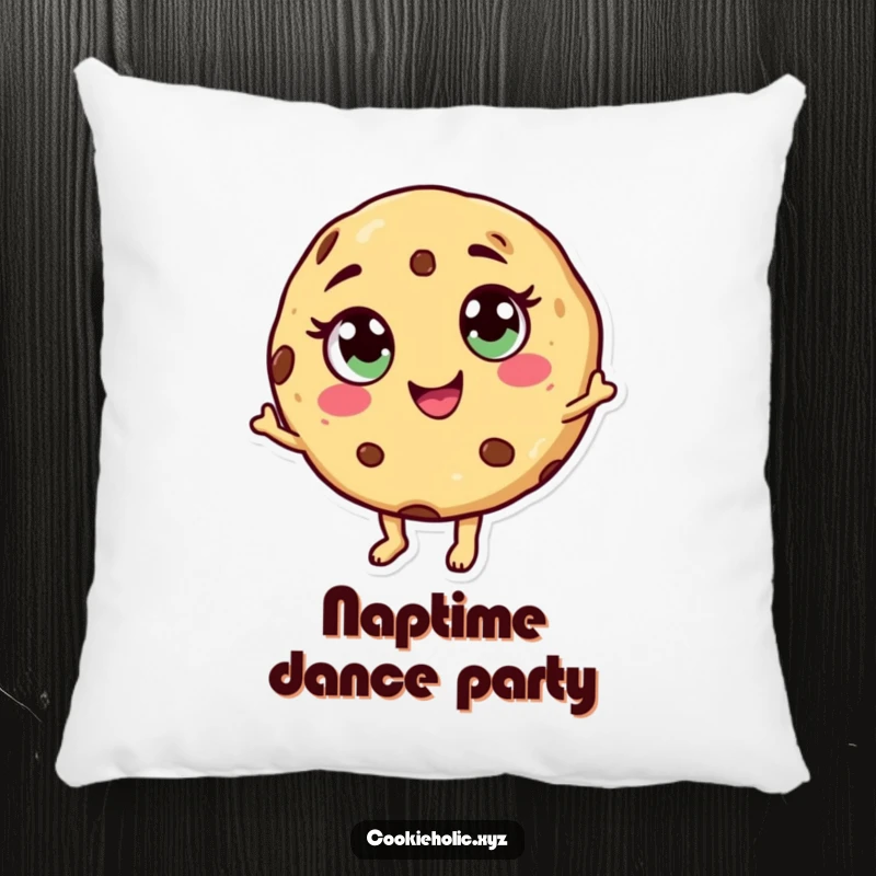 Funny dancing cookie pillow showing a cookie character with candy eyes and a happy swirl mouth, dancing happily.