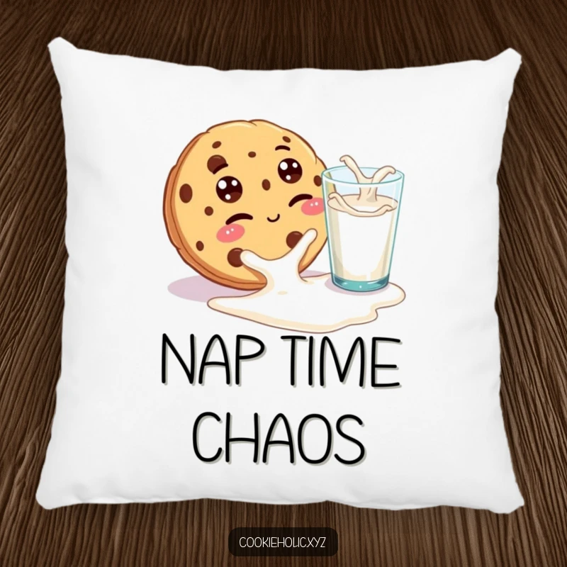 Funny pillow design of a cookie with googly eyes winking playfully at a spilled glass of milk, offering a cheeky and humorous accent.