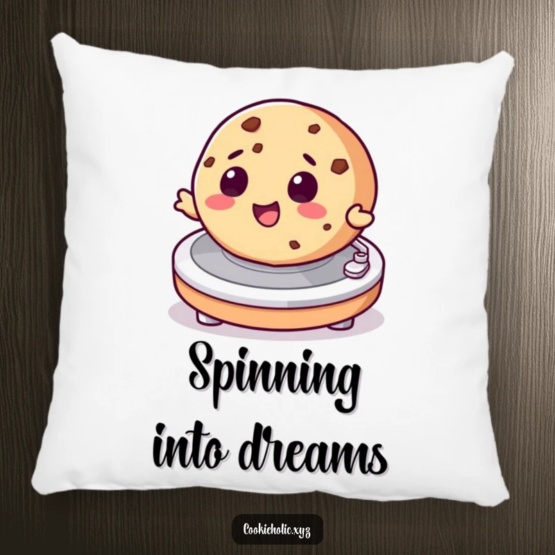 Funny pillow featuring a cookie character delightedly spinning on a turntable, adding humor and musical vibes to any room.