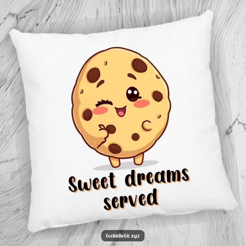 Funny bitten cookie pillow showing a cookie character with a bite taken out, giving a mischievous and playful wink.