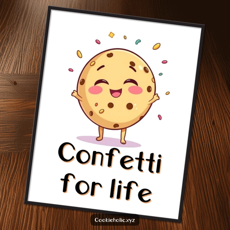 Printable funny giggling cookie digital art, featuring a round cookie character juggling sprinkles with joy.