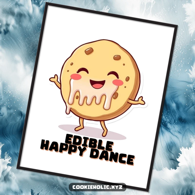 Funny digital art print of a smiling cookie with dripping frosting, joyfully dancing, capturing a moment of sweet, humorous delight.