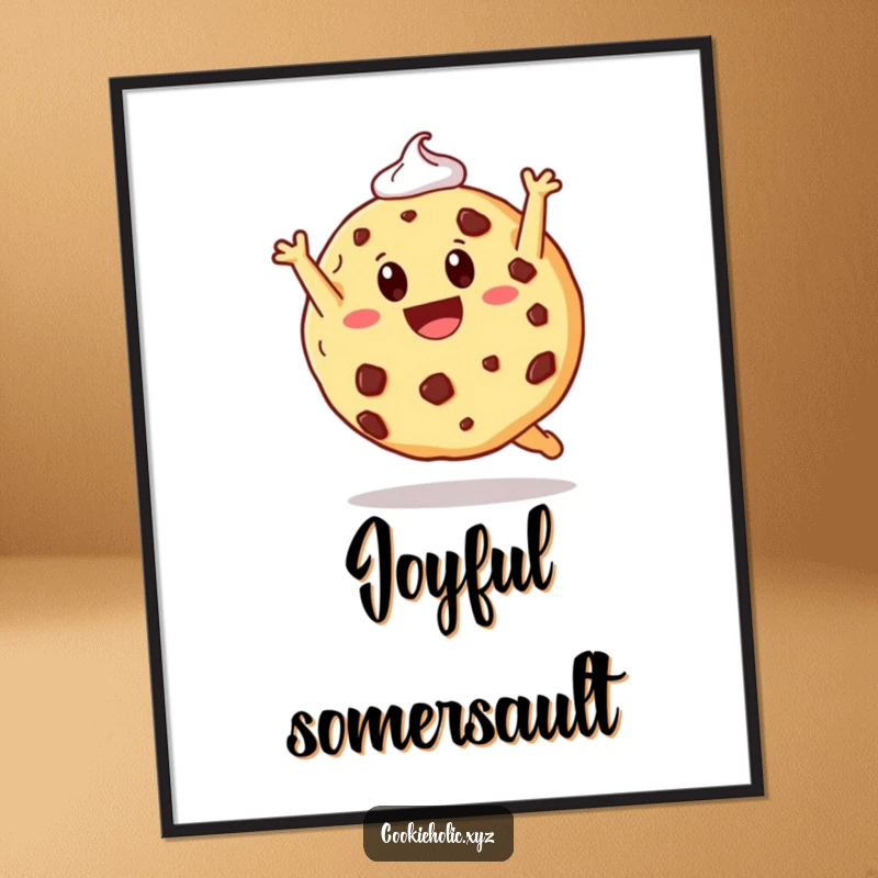 Funny digital art print of a cookie doing a somersault, perfect for adding instant sweet humor to decor.